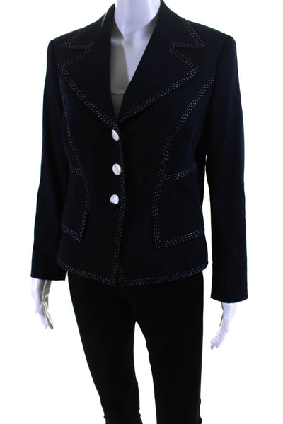 Escada Womens Wide Lapel Button Down Suit Jacket Navy Blue Wool Size EUR 38