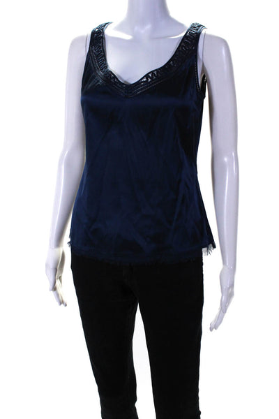 Elie Tahari Women Silk Blend Woven Trim V Neck Sleeveless Blouse Blue Size S