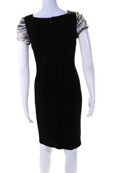 Carmen Marc Valvo Womens Cap Sleeve Square Neck Bodycon Dress Black Beige Size 4