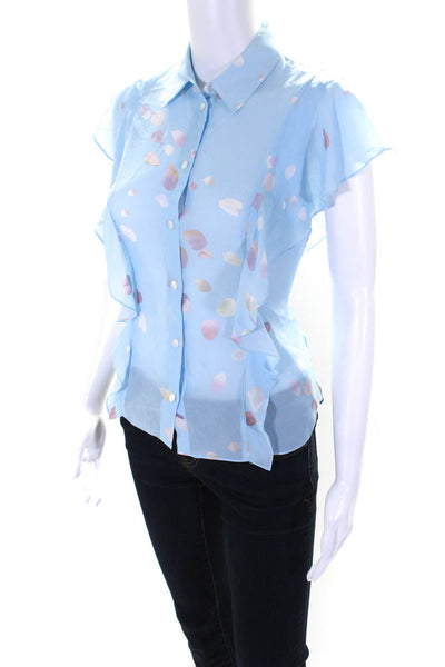 Theory Womens Silk Spotted Print Button Down Ruffle Blouse Blue Size P/S