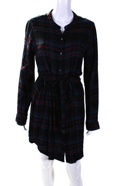 Michael Stars Womens Plaid Long Sleeve Tied Waist Buttoned Dress Blue Red Size M