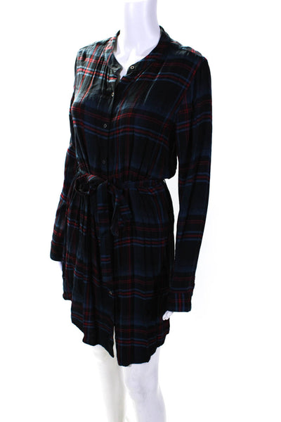 Michael Stars Womens Plaid Long Sleeve Tied Waist Buttoned Dress Blue Red Size M