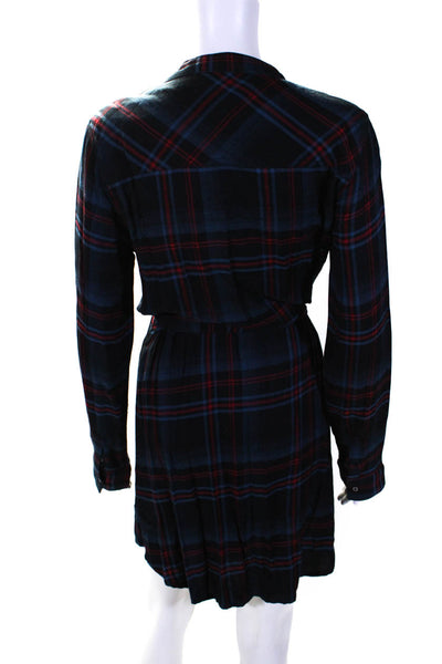 Michael Stars Womens Plaid Long Sleeve Tied Waist Buttoned Dress Blue Red Size M