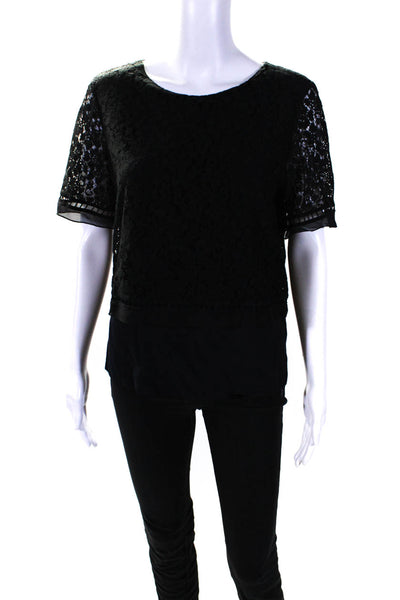 Rebecca Taylor Womens Floral Lace Short Sleeved Layered Blouse Black Blue Size 6