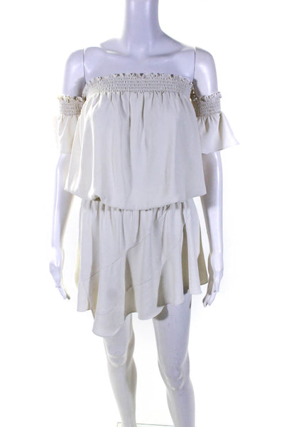 Amanda Uprichard Womens Smocked Short Sleeves A Line Dress White Size Small