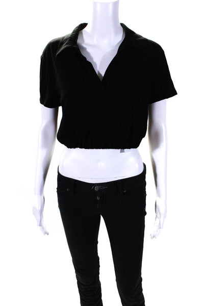 The Range Womens Short Sleeves Cropped Collared Shirt Black Cotton Size Small