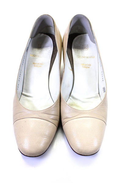 Bruno Magli Womens Leather Snakeskin Print Trim Block Heel Pump Beige Size 8.5