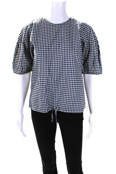 Cavan & Co. Womens Gingham Plaid Blouse Navy Blue White Cotton Size Small