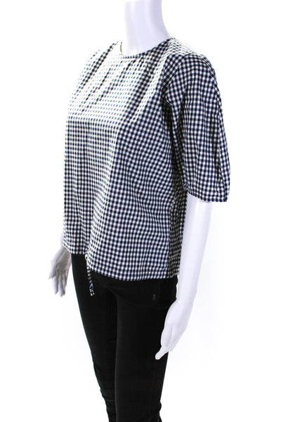 Cavan & Co. Womens Gingham Plaid Blouse Navy Blue White Cotton Size Small