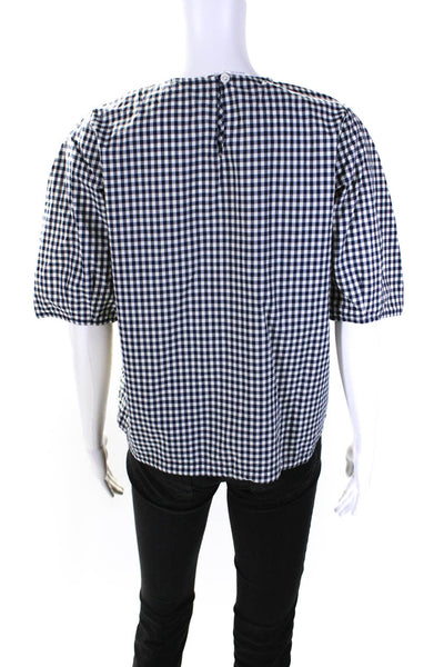 Cavan & Co. Womens Gingham Plaid Blouse Navy Blue White Cotton Size Small