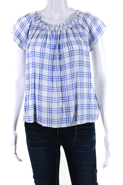 Generation Love Womens Plaid Print Short Sleeve Blouse Top White Blue Size XS