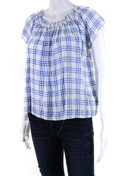 Generation Love Womens Plaid Print Short Sleeve Blouse Top White Blue Size XS