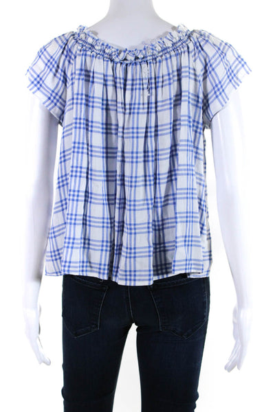 Generation Love Womens Plaid Print Short Sleeve Blouse Top White Blue Size XS