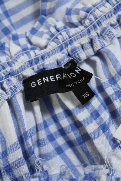 Generation Love Womens Plaid Print Short Sleeve Blouse Top White Blue Size XS