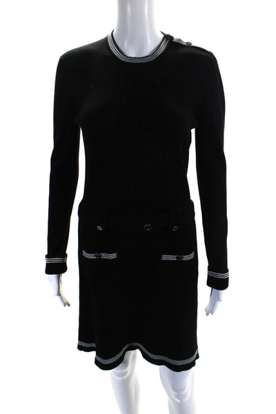 Chanel Womens Round Neck Long Sleeves 22C Tie Waist Mini Sweater Dress Black Siz