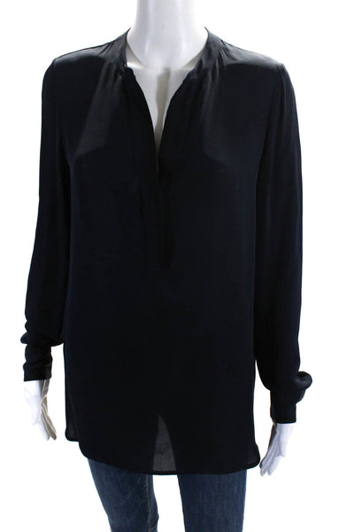 Vince Womens Silk Georgette Long Sleeve Split Hem V-Neck Blouse Navy Blue Size 8