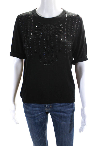Magaschoni Womens Woven Beaded Round Neck Short Sleeved Blouse Black Size L