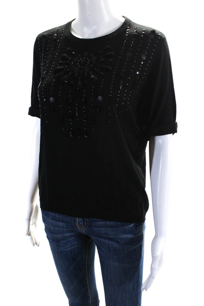 Magaschoni Womens Woven Beaded Round Neck Short Sleeved Blouse Black Size L