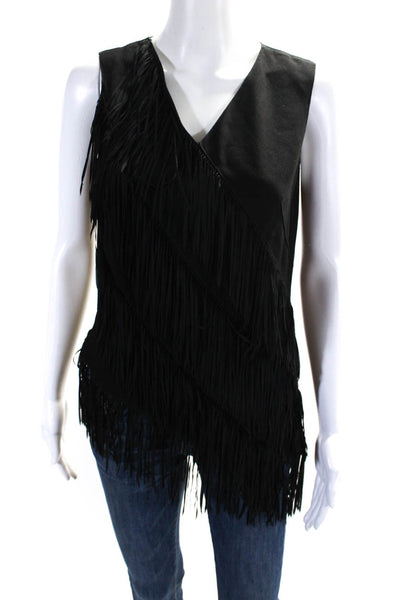 Elie Tahari Women's V-Neck Sleeveless Fringe Zip Up Blouse Black Size XS