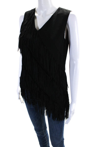 Elie Tahari Women's V-Neck Sleeveless Fringe Zip Up Blouse Black Size XS