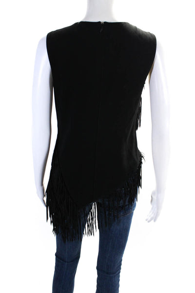 Elie Tahari Women's V-Neck Sleeveless Fringe Zip Up Blouse Black Size XS