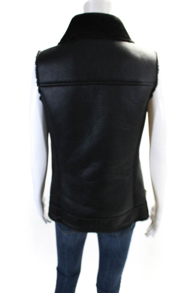 Calvin Klein Women's Collared Sleeveless Full Zip Faux Leather Vest Black Size S