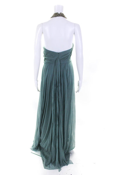 Monique Lhuillier Womens Silk Beaded Pleated Halter Maxi Dress Green Size M