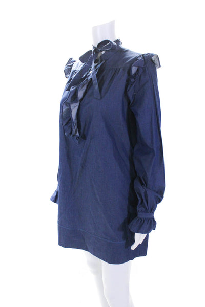 LDT Womens Chambray Ruffled V-Neck 1/2 Button Up Shirt Shift Dress Blue Size 2