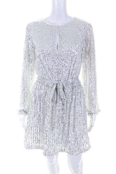 LDT Womens Sequin Long Sleeve Belted A-Line Cocktail Dress White Silver Size 2