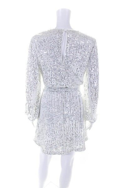 LDT Womens Sequin Long Sleeve Belted A-Line Cocktail Dress White Silver Size 2