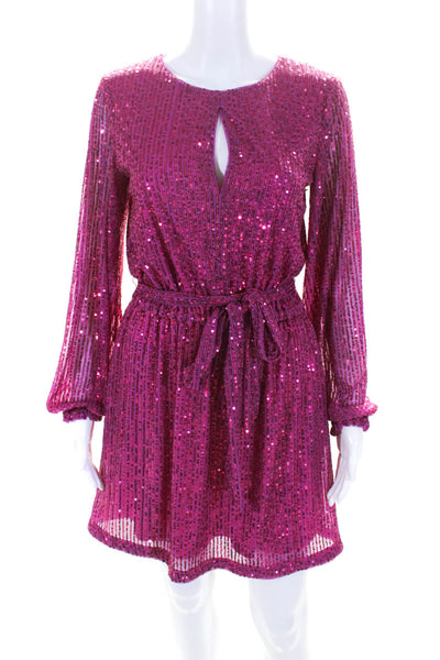LDT Womens Sequined Long Sleeve Belted A-Line Cocktail Dress Pink Size 2