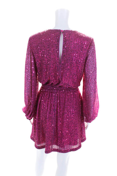 LDT Womens Sequined Long Sleeve Belted A-Line Cocktail Dress Pink Size 2