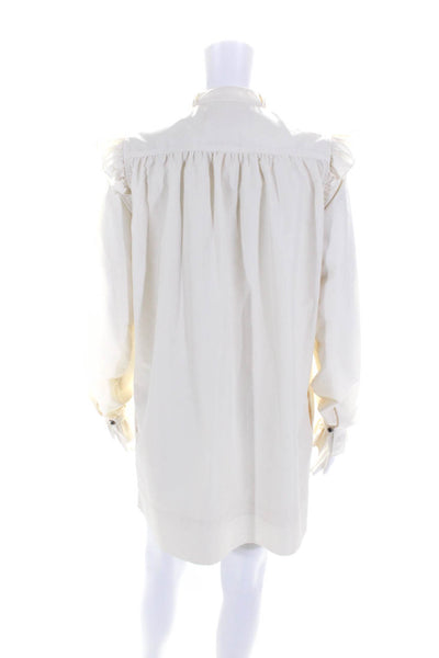 LDT Womens Crepe Ruffled V-Neck Button Up wLong Sleeve Shift Dress Ivory Size 2