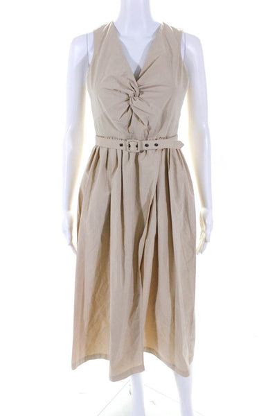 Toccin Womens Twisted V-Neck Belted Sleeveless A-Line Maxi Dress Beige Size 2