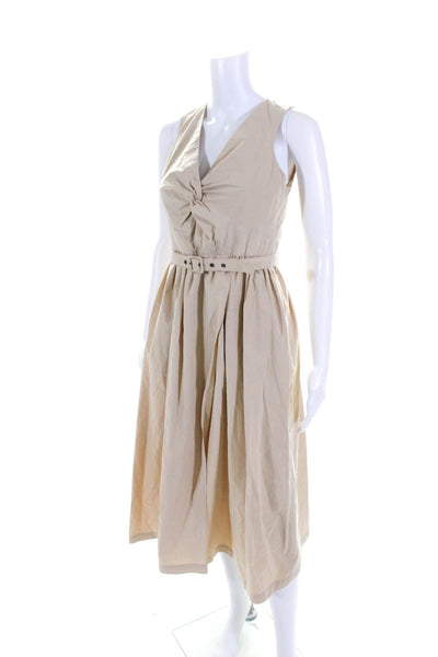 Toccin Womens Twisted V-Neck Belted Sleeveless A-Line Maxi Dress Beige Size 2