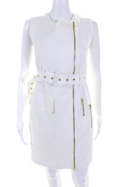 Toccin Womens Denim Asymmetrical Zip Up Belted Shift Dress White Size 2