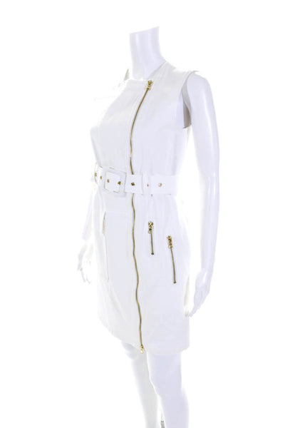 Toccin Womens Denim Asymmetrical Zip Up Belted Shift Dress White Size 2