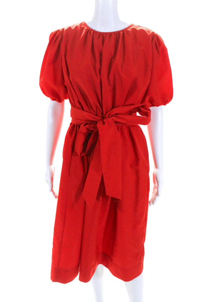 LDT Womens Crepe Puff Sleeve Crew Neck Belted A-Line Midi Dress Red Size 2