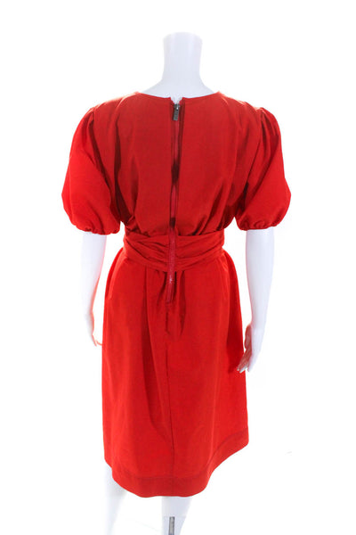 LDT Womens Crepe Puff Sleeve Crew Neck Belted A-Line Midi Dress Red Size 2