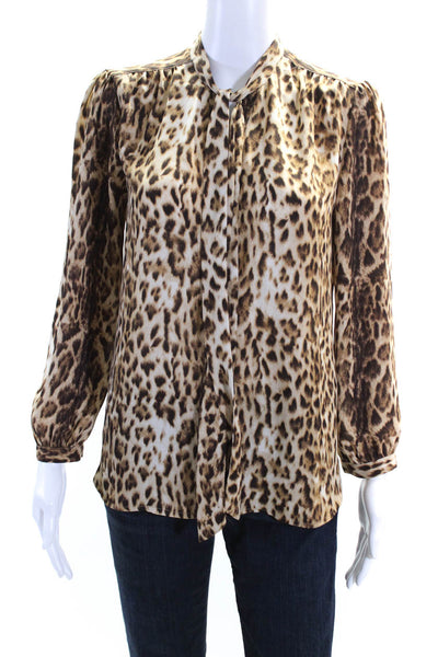 J Crew Womens Leopard Print Long Sleeve Tie Collar Blouse Brown Size XS