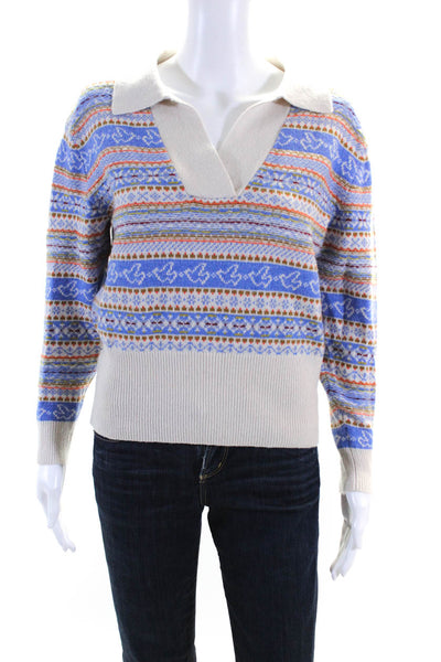 J Crew Womens Long Sleeve V Neck Striped Pullover Sweater Blue Beige Size XS