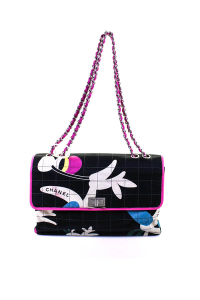 Chanel Womens Canvas Quilted Logo Flap Shoulder Handbag Black Pink E2300493