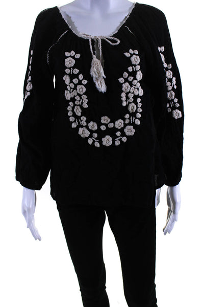 Perle By Lola Womens Embroidered Long Sleeves Blouse Black White Size Small