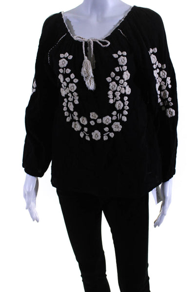 Perle By Lola Womens Embroidered Long Sleeves Blouse Black White Size Small