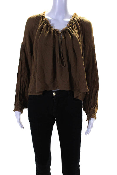 Free People Womens Ruffle Trim V-Neck Long Sleeve Blouse Top Brown Size S