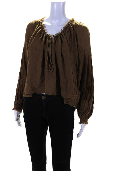 Free People Womens Ruffle Trim V-Neck Long Sleeve Blouse Top Brown Size S