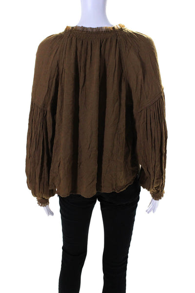 Free People Womens Ruffle Trim V-Neck Long Sleeve Blouse Top Brown Size S