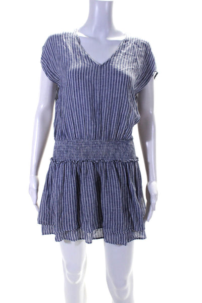 Rails Womens Linen Striped Print Ruched Tiered Empire Waist Dress Blue Size S