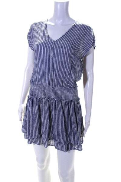 Rails Womens Linen Striped Print Ruched Tiered Empire Waist Dress Blue Size S