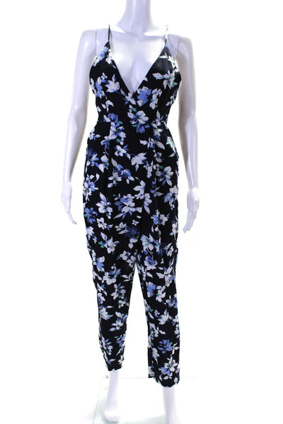 Angel Biba Womens Floral Print V-Neck Zipped Sleeveless Jumpsuit Blue Size 8
